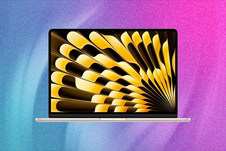 Vista frontal del Apple Macbook Air, un ordenador portátil plateado con un diseño artístico en negro y amarillo en la pantalla.