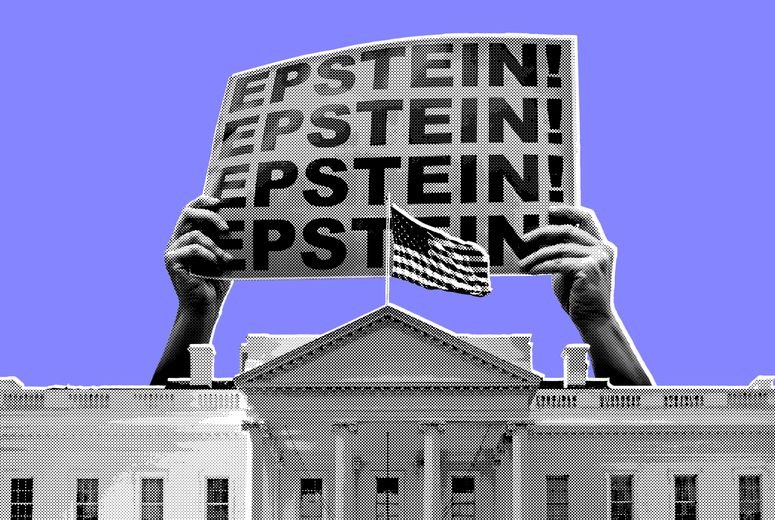 Ilustración de la Casa Blanca y un letrero que reza "Epstein"