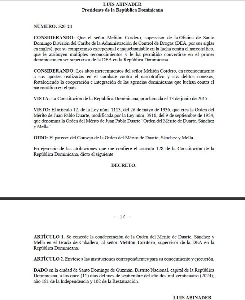 Decreto de condecoración a Meliton Cordero