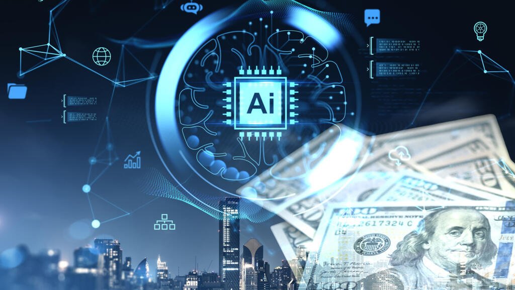 Une puce IA sur fond de skyline de ville américaine et des dollars en surimpression.