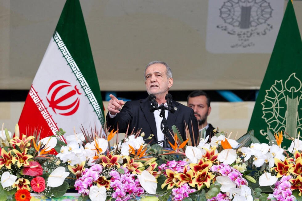 Iran’s President Masoud Pezeshkian speaks during the 47th anniversary of the Islamic Revolution in Tehran, Iran, on February 11, 2026