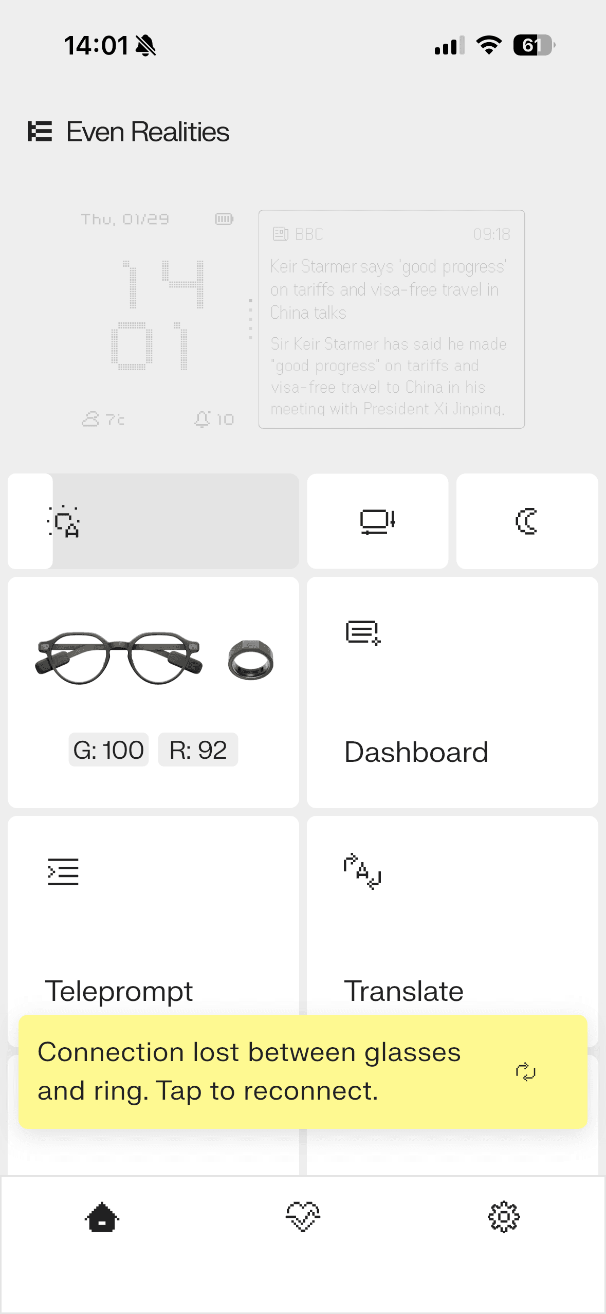 Vista de la aplicación de Even Realities.