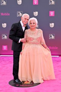 MIAMI, FLORIDA - FEBRUARY 19: Filiberto Padrón and Celina Fajardo of Ganas con Canas attend Univision's 38th Premio Lo Nuestro at Kaseya Center on February 19, 2026 in Miami, Florida. (Photo by Ivan Apfel/Getty Images)
