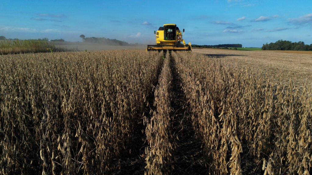 (Archivo): Una imagen tomada con un dron muestra a un trabajador agrícola operando una cosechadora durante la temporada de soya en el estado de Rio Grande do Sul, Brasil, el 1 de abril de 2025.