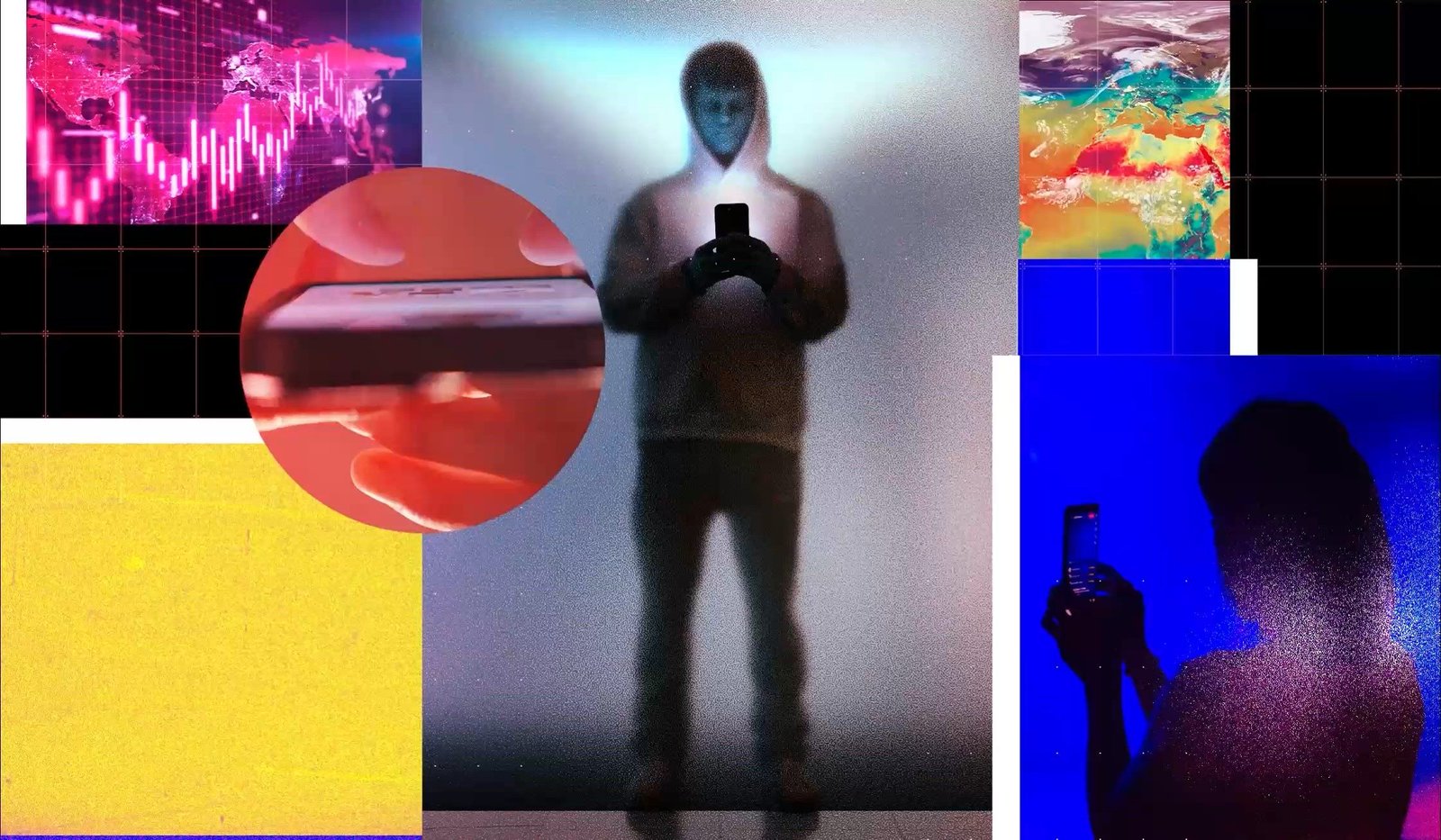 Collage de personas viendo su teléfono.