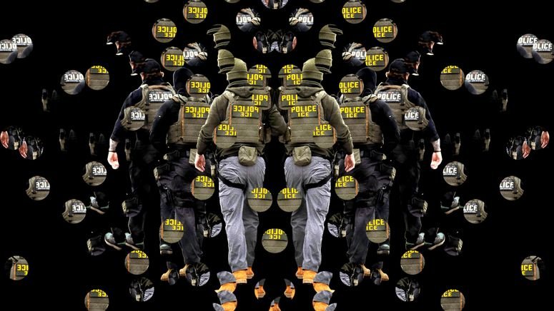 Collage de agentes del ICE repetidos y reflejados. 