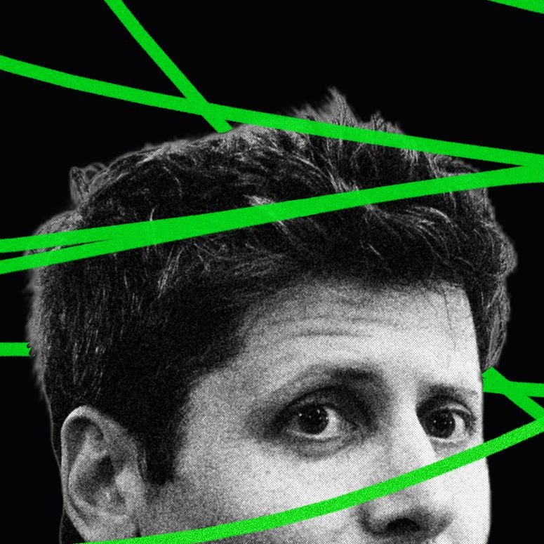 Imagen de Sam Altman con fondo negro y líneas verdes rodeando su silueta. 