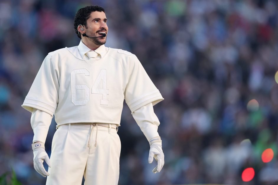 SANTA CLARA, CALIFORNIA - FEBRUARY 08: Bad Bunny performs onstage during the Apple Music Super Bowl&nbsp;LX Halftime Show at Levi's Stadium on February 08, 2026 in Santa Clara, California. (Photo by Kevin C. Cox/Getty Images)