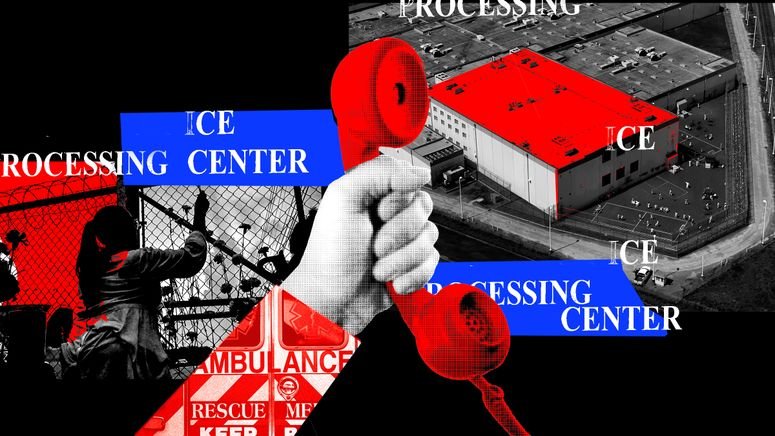 Una mano que sostiene un teléfono con la imagen de una ambulancia contra la vista aérea de un centro de detención de ICE y una persona parada afuera de una cerca de alambre.
