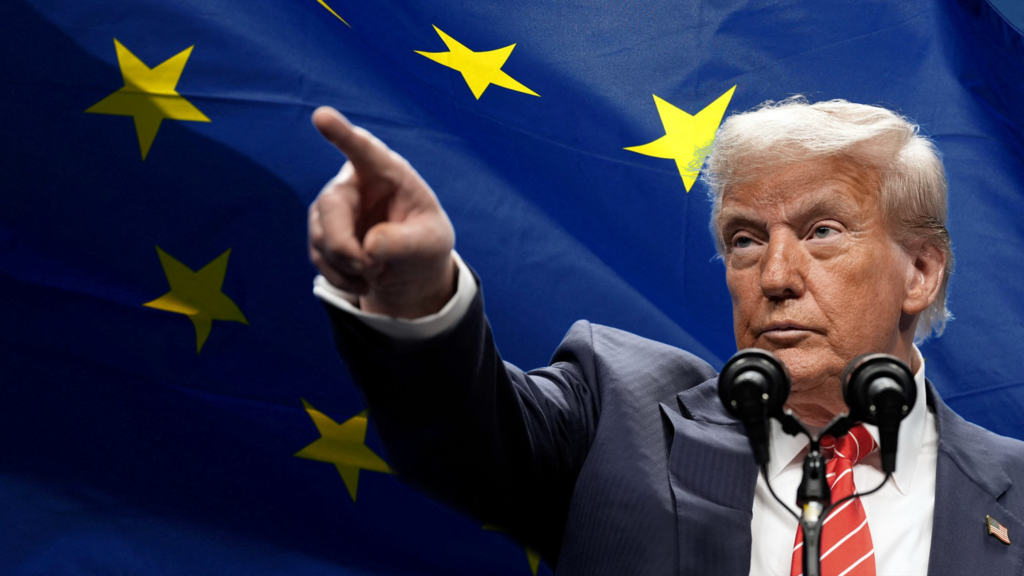 Donald Trump apuntando a la bandera de la Unión Europea.