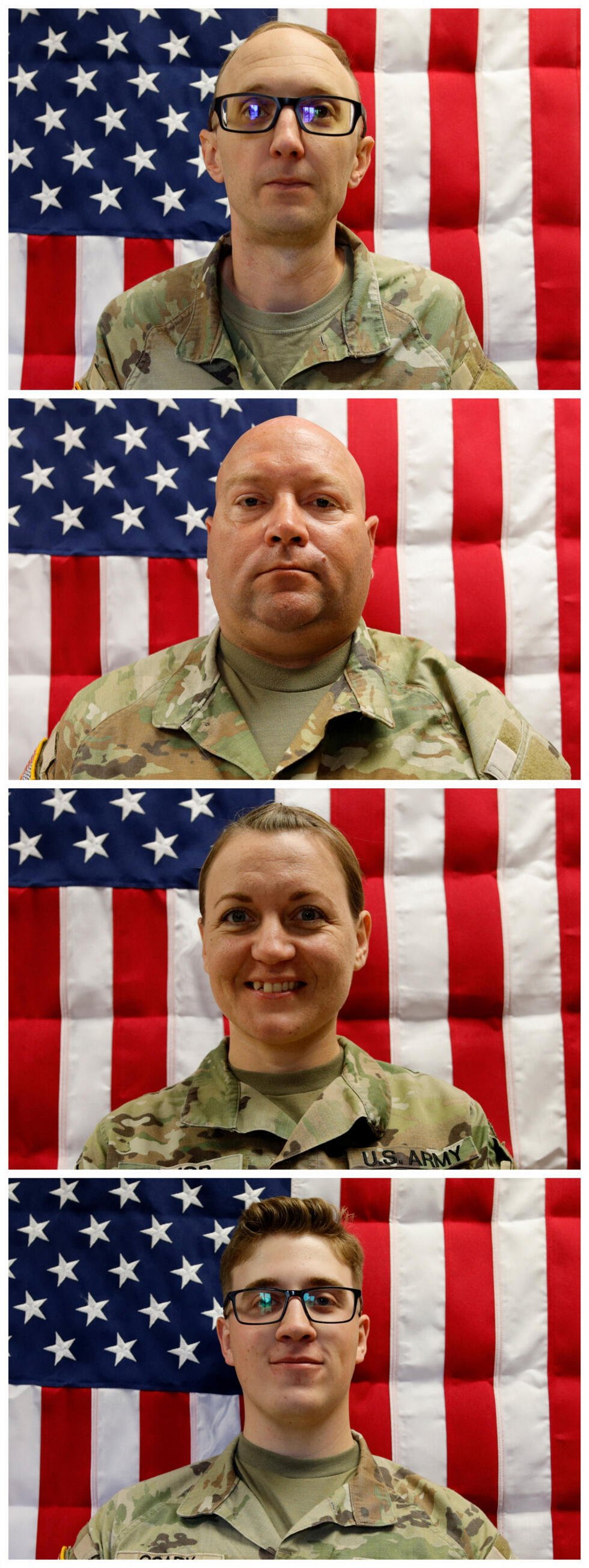 Una imagen combinada de fotos sin fecha muestra al capitán de la Reserva del Ejército de EE. UU. Cody A. Khork, de 35 años, residente de Winter Haven, Florida; al sargento de primera clase de la Reserva del Ejército de EE. UU. Noah Tietjens, de 42 años, residente de Bellevue, Nebraska; a la sargento de primera clase de la Reserva del Ejército de EE. UU. Nicole Amor, de 39 años, residente de White Bear Lake, Minnesota; y al sargento de la Reserva del Ejército de EE. UU. Declan Coady, de 20 años, residente de West Des Moines, Iowa, quienes murieron el 1 de marzo de 2026 en el puerto de Shuaiba, Kuwait, durante un ataque con drones.