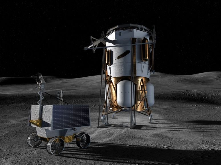 Ilustración sobre el módulo Blue Moon MK1 junto al rover VIPER.