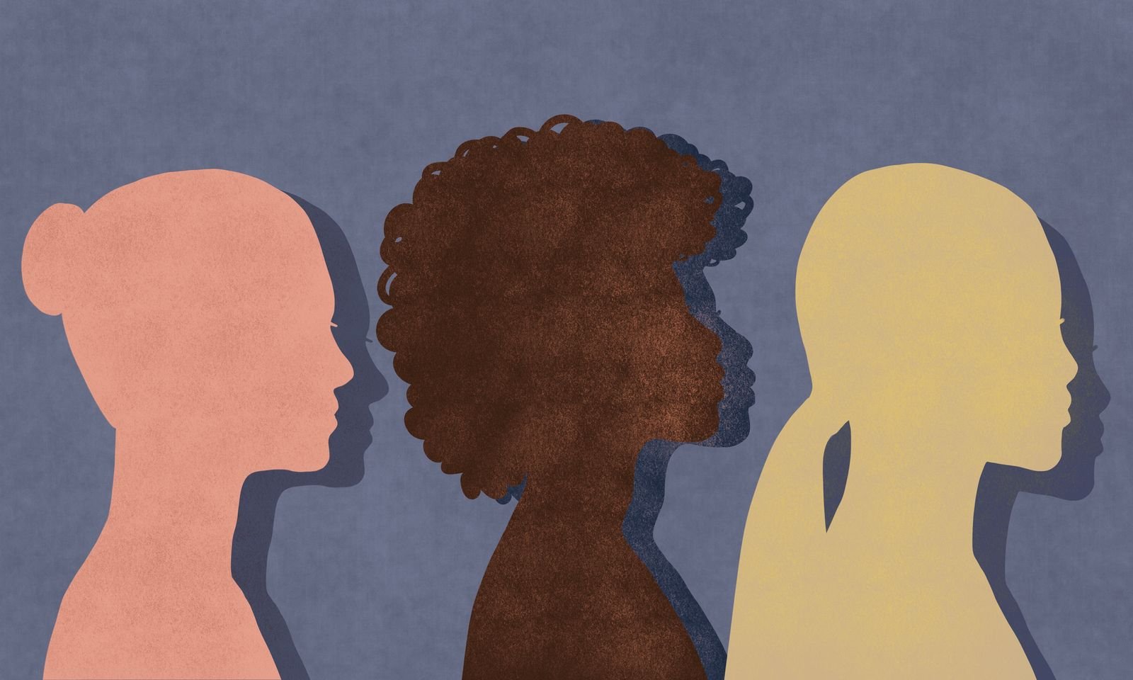 Ilustración de tres siluetas femeninas diferentes de perfil cada una en distintos tonos pastel apagados sobre un fondo...