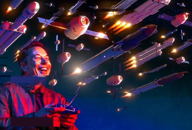 Ilustración fotográfica de Elon Musk sosteniendo un controlador de videojuegos en el espacio, rodeado de múltiples cohetes y satélites.