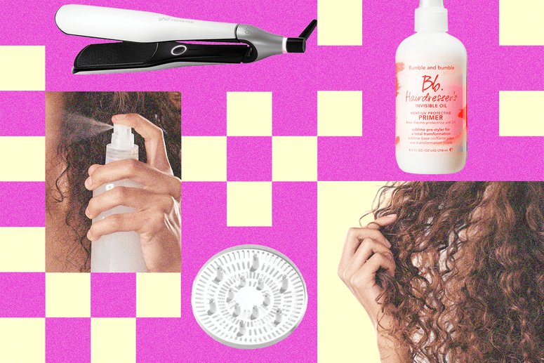 Collage de productos para el cuidado del cabello rizo. 