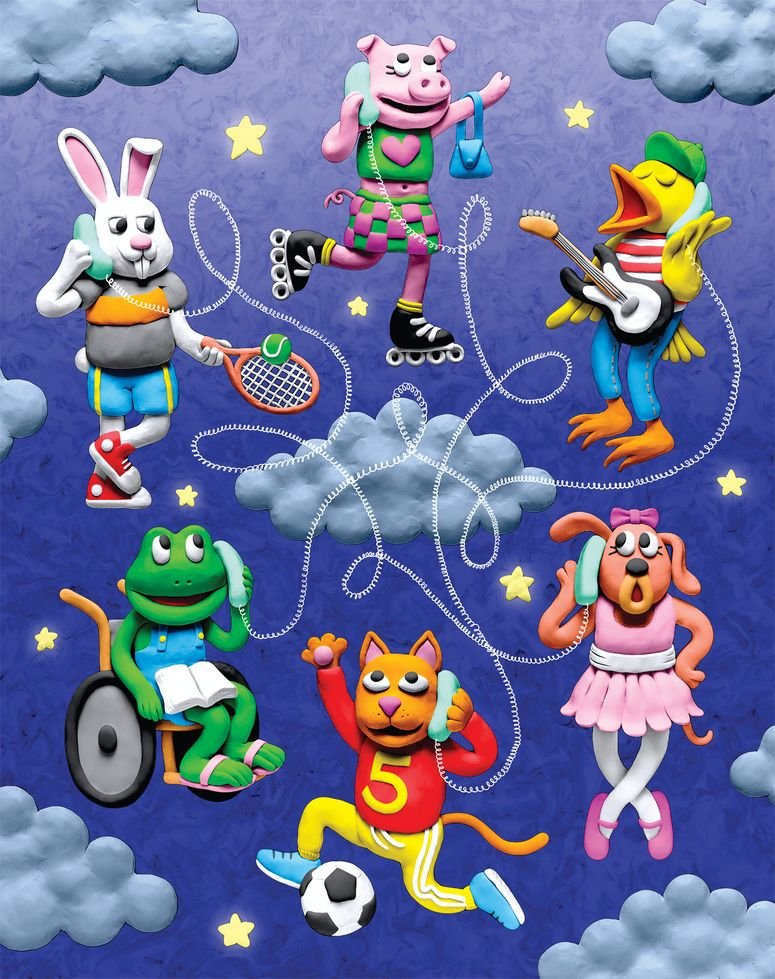 Ilustración de diversos personajes hablando por teléfono. 