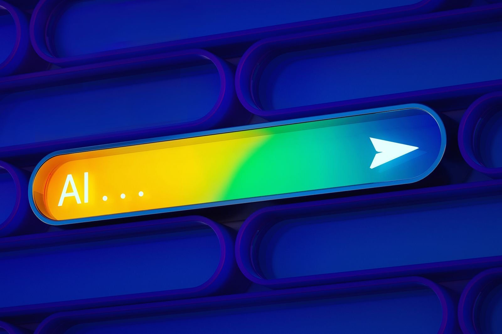 Imagen generada digitalmente de una barra de búsqueda multicolor de IA que se activa entre otras cosas las barras de...