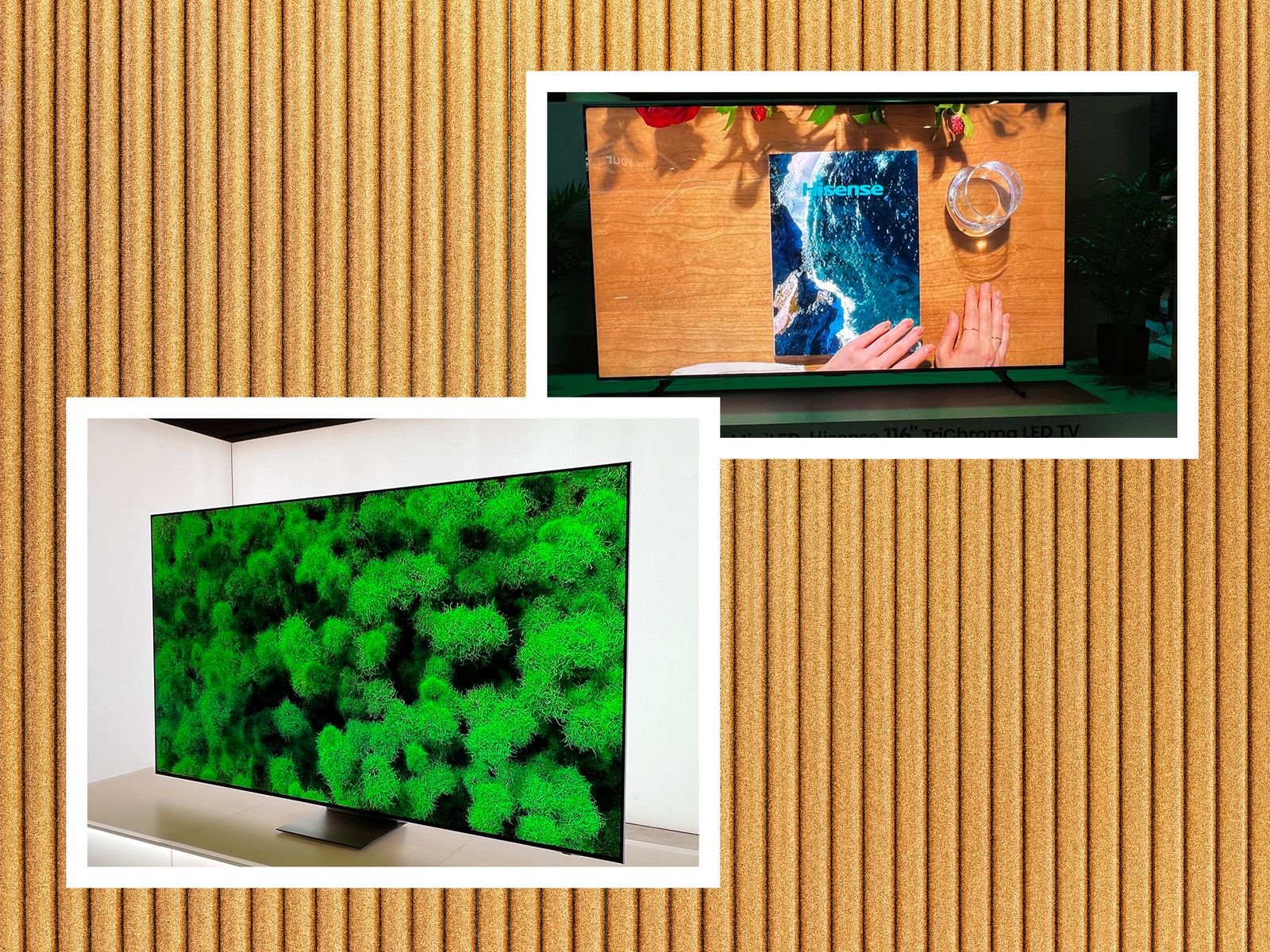 Collage del Samsung RGB Micro LED con la pantalla mostrando una vista area de rboles forestales de un verde intenso y...