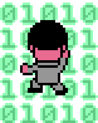 Animation of an 8bit character climbing lines of binary code