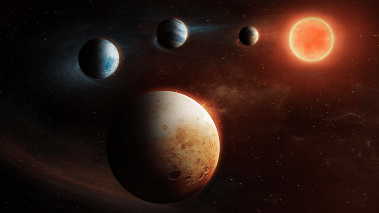 Representación artística del sistema planetario alrededor de la estrella LHS 1903.