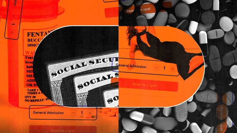 Collage de un frasco de pastillas de Fentanilo, otras píldoras, documentos de seguridad social, una escort y un botón para "Reservar una lugar"