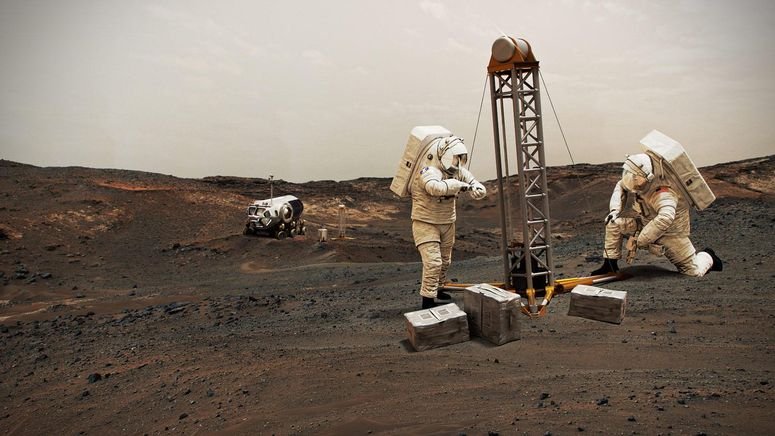 Concepto de astronautas realizando pruebas en Marte.
