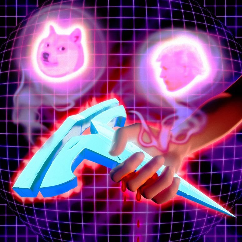 Collage de una persona sosteniendo un logo de Tesla. En las esquinas superiores (izquierda) un logo del DOGE y (derecha) la cara de Donald Trump. 