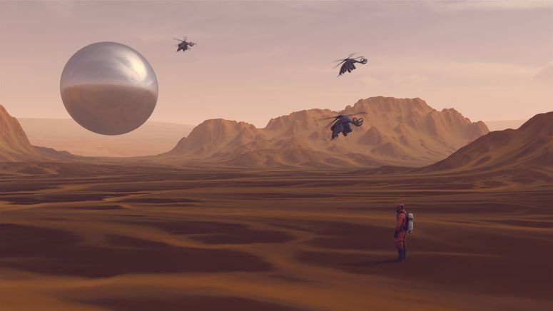 Un hipótetico planeta desierto con exploradores humanos. 