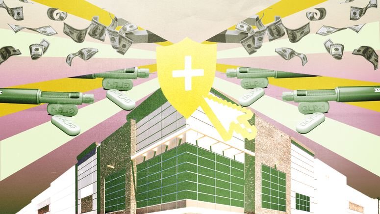 Ilustración fotográfica de los GLP-1 y un imán que atrae dinero