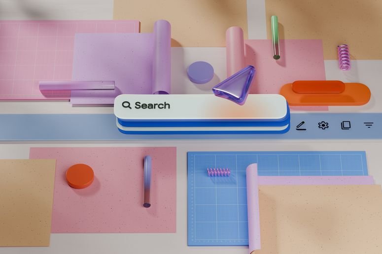 Composición abstracta moderna en 3D que presenta una barra de búsqueda flotante rodeada de coloridos objetos geométricos y materiales suaves.