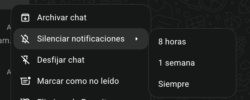 Tú escoges por cunto tiempo silenciar el grupo 8 horas 1 semana o siempre.