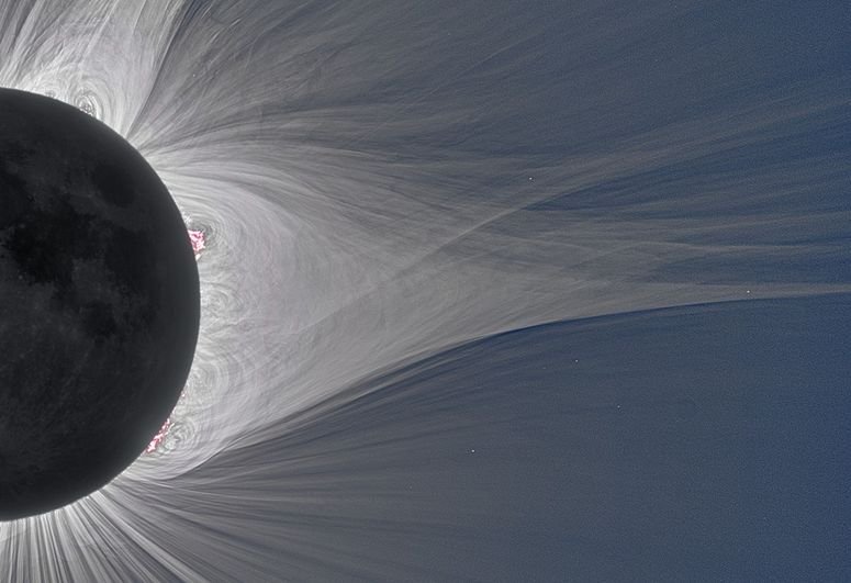Imagen tomada durante el eclipse solar total del 21 de agosto de 2017, donde se aprecia el fenómeno magnético en la corona solar.
