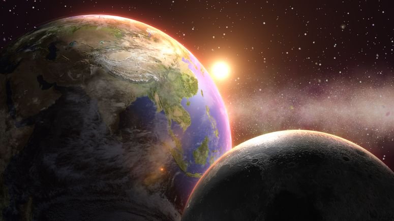 imágenes de la Tierra y la Luna, de cerca, con el Sol de fondo.